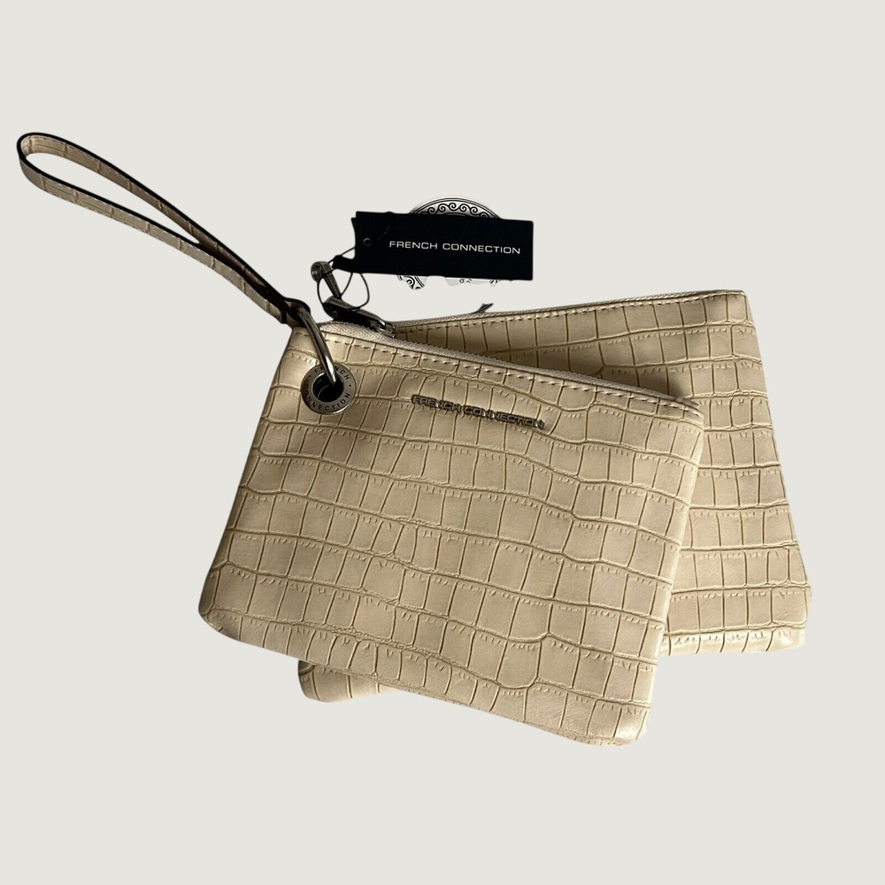 French Connection Cream Croc Embossed 2-in-1 Wristlet Pouch Set NWT